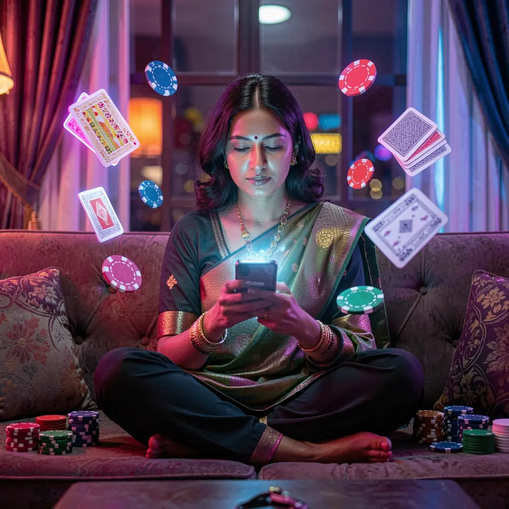 Focused Bangladeshi woman using the 9KBD casino app on her smartphone as vibrant chips and cards float around in a cinematic scene