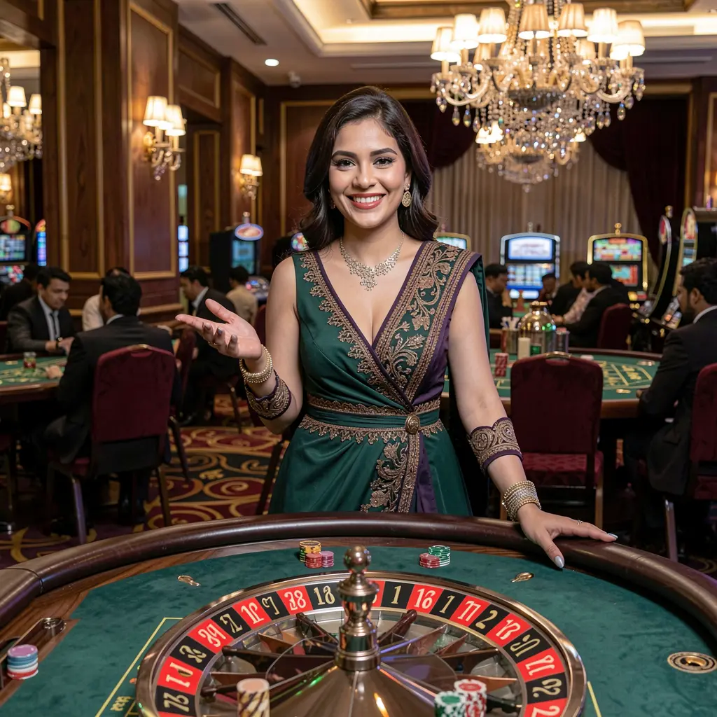 Elegant casino hostess standing at a roulette table with live chips and a glowing wheel behind her representing the premium live casino experience at 9KBD for players in Bangladesh