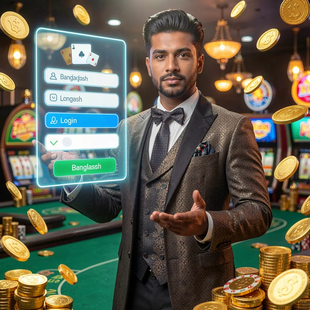 Stylish Bangladeshi casino dealer welcoming players to the 9KBD login platform with glowing casino lights and floating gold coins